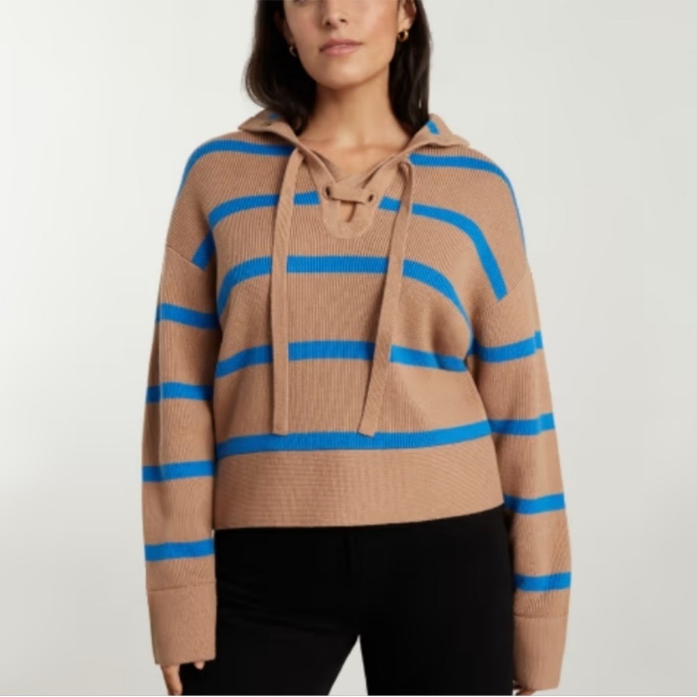 Everlane Lace up smocked neck Striped Tan and Blue sweater S NWOT